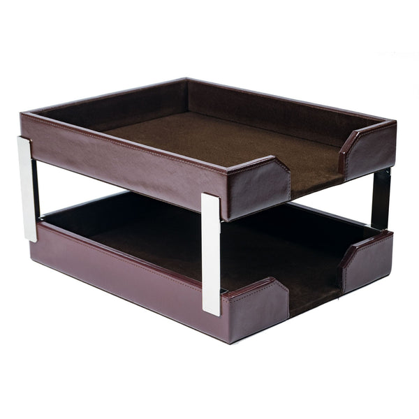 Dacasso Dark Brown Bonded Leather Letter Trays Stacking Set Silver