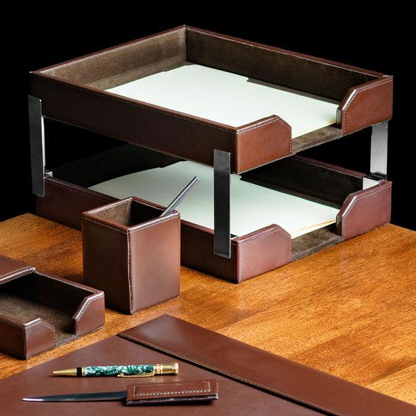 Dacasso Dark Brown Bonded Leather Letter Trays Stacking Set Silver