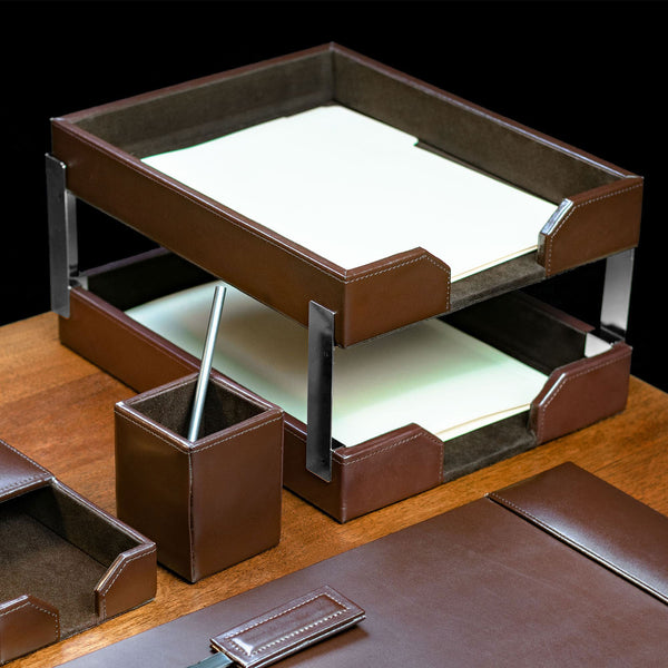 Dacasso Dark Brown Bonded Leather Letter Trays Stacking Set Silver