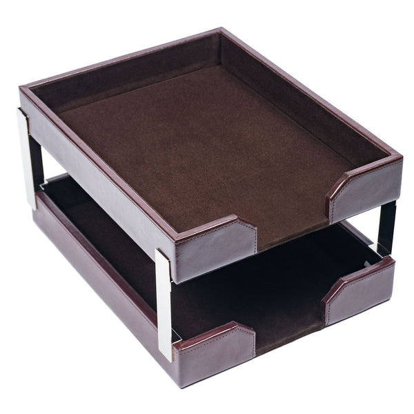 dacasso Dark Brown Bonded Leather Letter Trays Stacking Set Silver