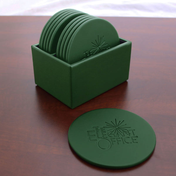 Dacasso Dark Green Leather 10 Round Coaster Set W/ Holder