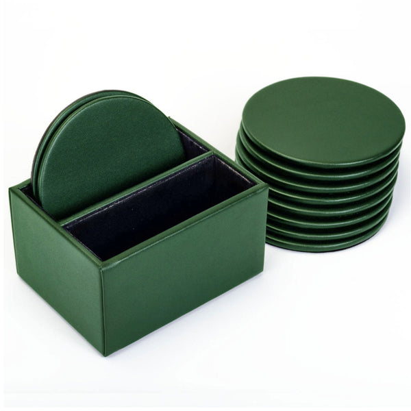 Dacasso Dark Green Leather 10 Round Coaster Set W/ Holder