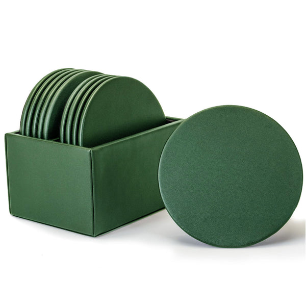 dacasso Dark Green Leather 10 Round Coaster Set w/ Holder