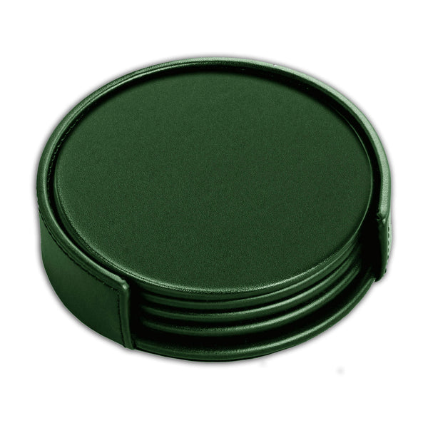 Dacasso Dark Green Leather 4 Round Coaster Set W/ Holder