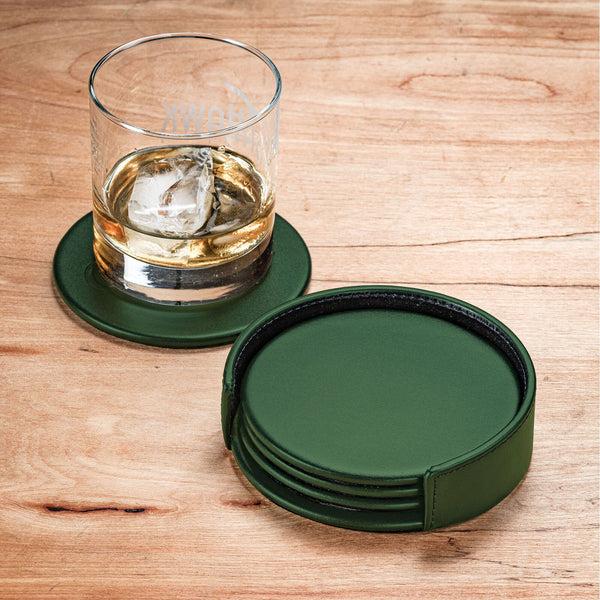 Dacasso Dark Green Leather 4 Round Coaster Set W/ Holder