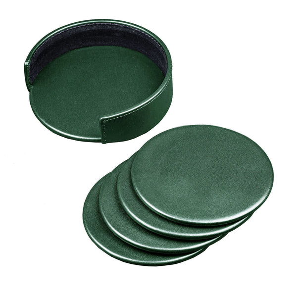 dacasso Dark Green Leather 4 Round Coaster Set w/ Holder