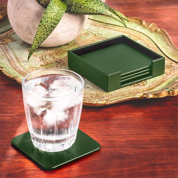 Dacasso Dark Green Leather 4 Square Coaster Set W/ Holder