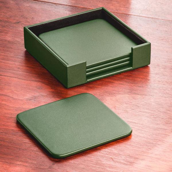 Dacasso Dark Green Leather 4 Square Coaster Set W/ Holder