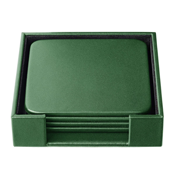 dacasso Dark Green Leather 4 Square Coaster Set w/ Holder