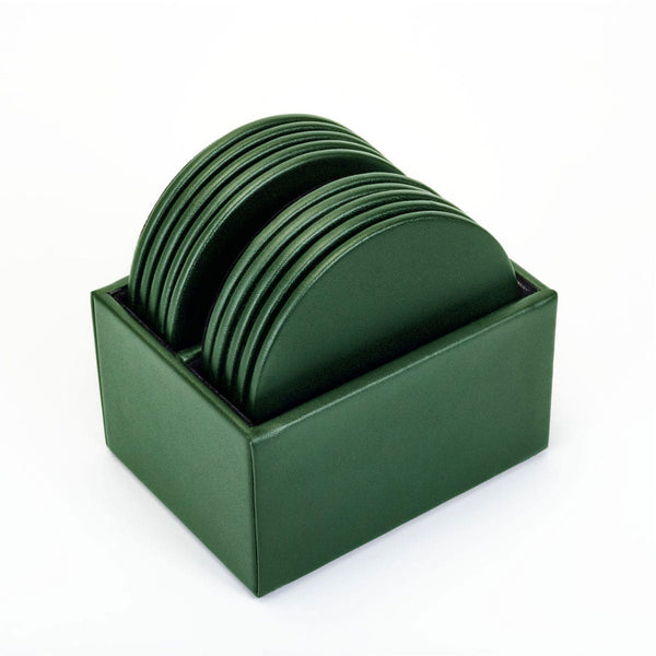 dacasso Dark Green Leatherette 10 Round Coaster Set w/ Holder