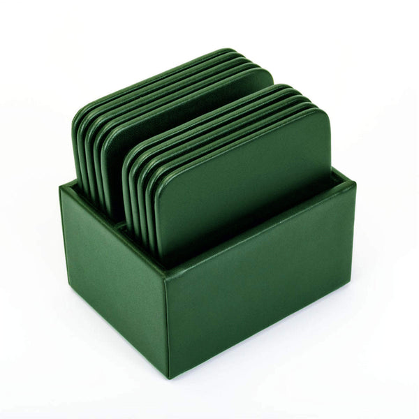 Dacasso Dark Green Leatherette 10 Square Coaster Set W/ Holder