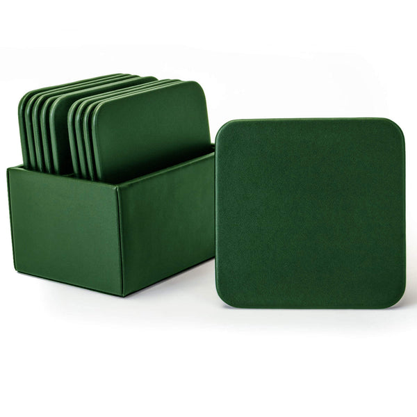dacasso Dark Green Leatherette 10 Square Coaster Set w/ Holder