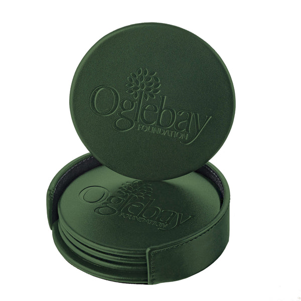 Dacasso Dark Green Leatherette 4 Round Coaster Set W/ Holder