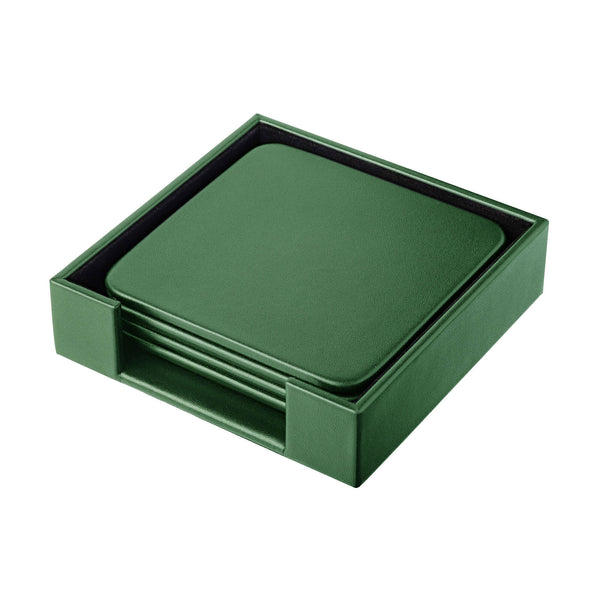dacasso Dark Green Leatherette 4 Square Coaster Set w/ Holder