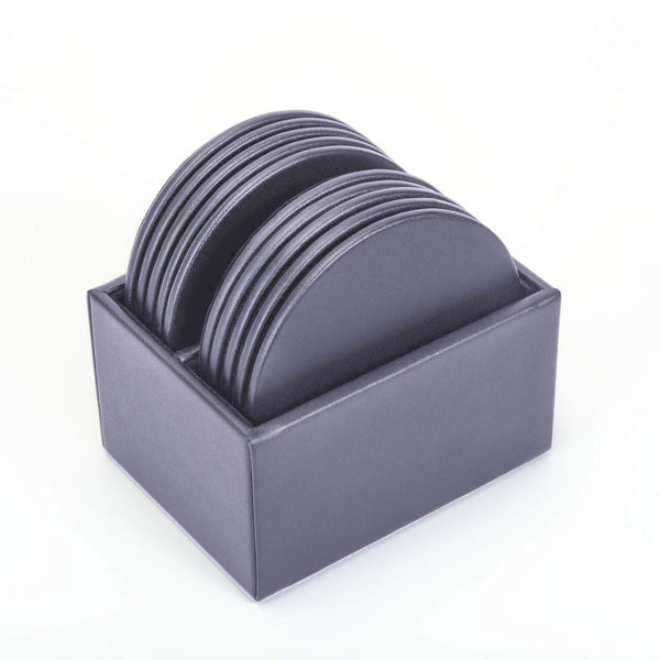 Dacasso Gray Leatherette 10 Round Coaster Set W/ Holder
