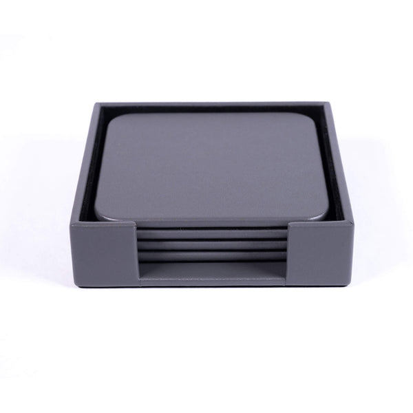 Dacasso Gray Leatherette 4 Square Coaster Set W/ Holder