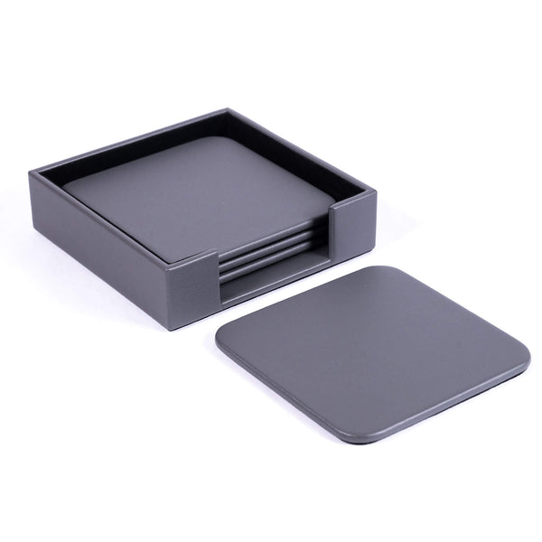 Dacasso Gray Leatherette 4 Square Coaster Set W/ Holder