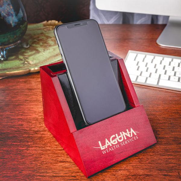 Dacasso Mahogany (Rosewood) & Black Leather Desktop Cell Phone Holder