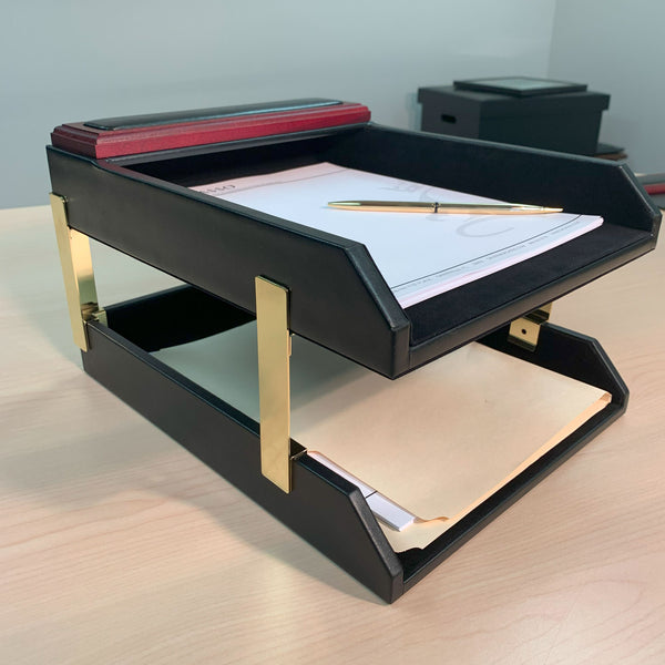 Dacasso Mahogany (Rosewood) & Black Leather Double Letter Tray Stacking Set Gold