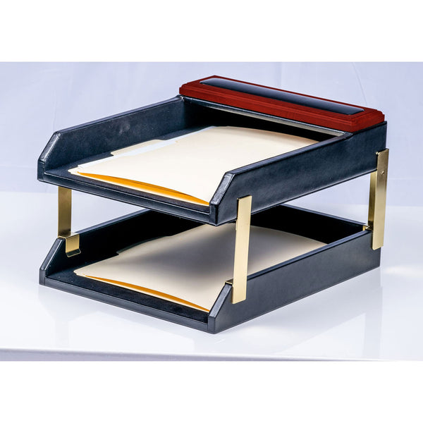 Dacasso Mahogany (Rosewood) & Black Leather Double Letter Tray Stacking Set Gold