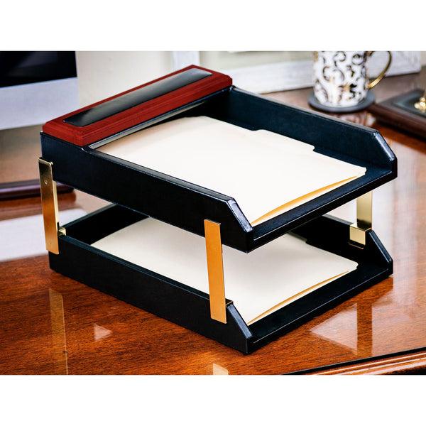 Dacasso Mahogany (Rosewood) & Black Leather Double Letter Tray Stacking Set Gold