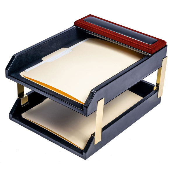 dacasso Mahogany (Rosewood) & Black Leather Double Letter Tray Stacking Set Gold