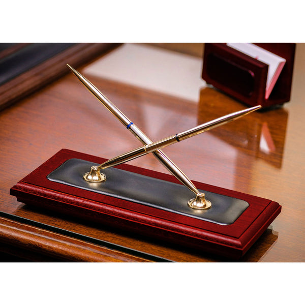Dacasso Mahogany (Rosewood) & Black Leather Double Pen Stand