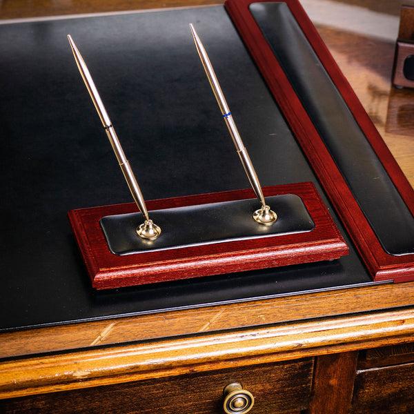 Dacasso Mahogany (Rosewood) & Black Leather Double Pen Stand