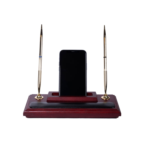 Dacasso Mahogany (Rosewood) & Black Leather Pen Stand With Cell Phone Holder