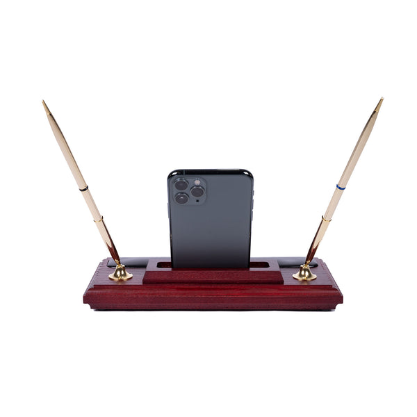 Dacasso Mahogany (Rosewood) & Black Leather Pen Stand With Cell Phone Holder