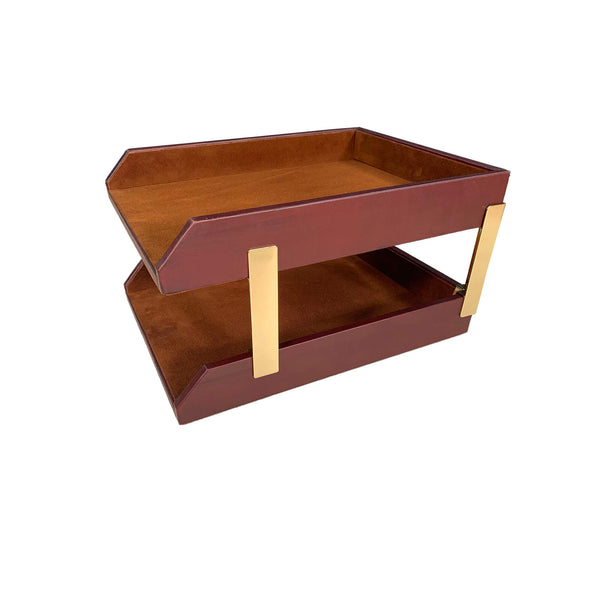 Dacasso Mocha Leather Letter Trays Stacking Set Gold