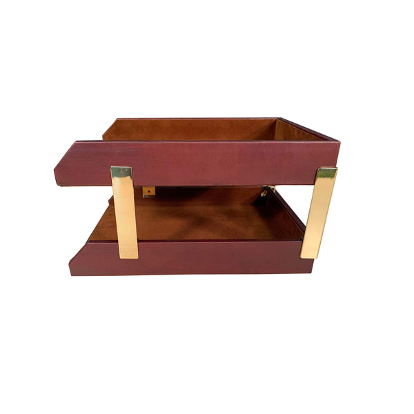 Dacasso Mocha Leather Letter Trays Stacking Set Gold