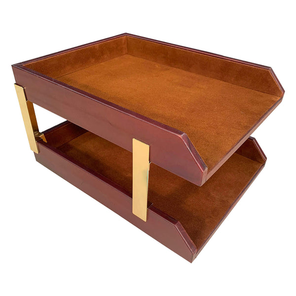 dacasso Mocha Leather Letter Trays Stacking Set Gold