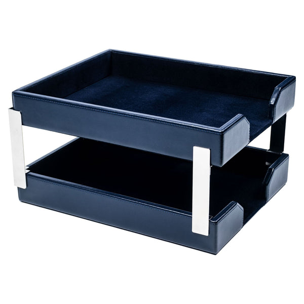 Dacasso Navy Blue Bonded Leather Double Letter Trays Silver