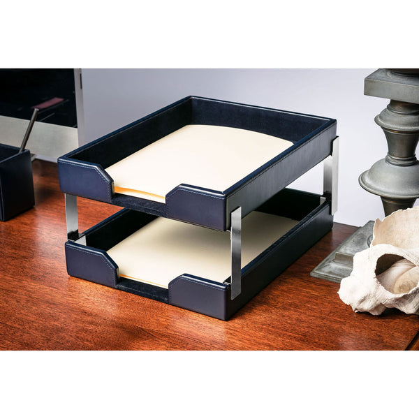 Dacasso Navy Blue Bonded Leather Double Letter Trays Silver