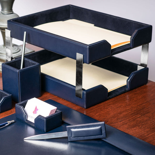 Dacasso Navy Blue Bonded Leather Double Letter Trays Silver