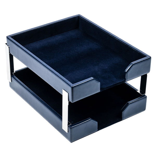 dacasso Navy Blue Bonded Leather Double Letter Trays Silver