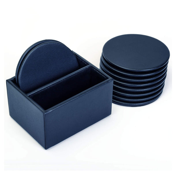 Dacasso Navy Blue Leather 10 Round Coaster Set W/ Holder