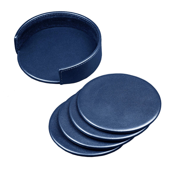 Dacasso Navy Blue Leather 4 Round Coaster Set W/ Holder