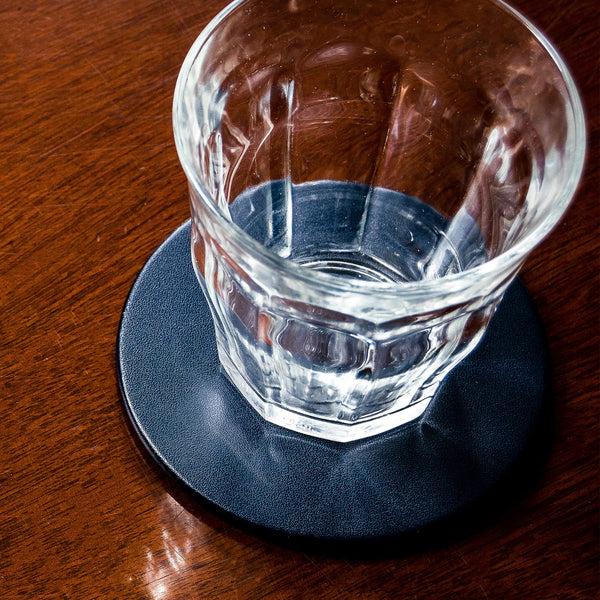 Dacasso Navy Blue Leather 4 Round Coaster Set W/ Holder