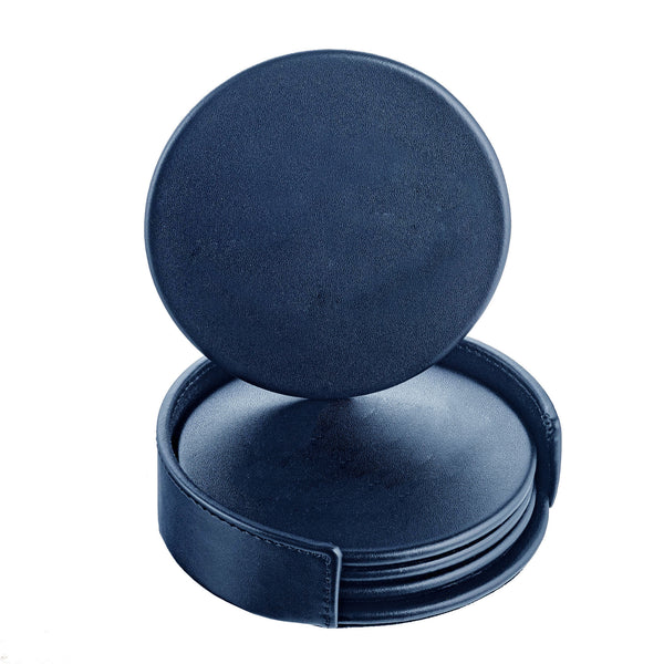 Dacasso Navy Blue Leather 4 Round Coaster Set W/ Holder