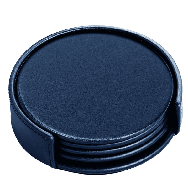 dacasso Navy Blue Leather 4 Round Coaster Set w/ Holder