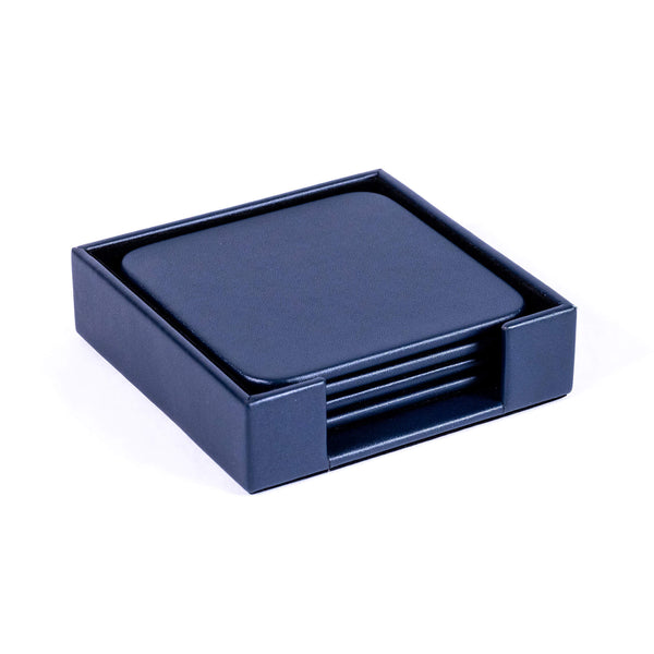 Dacasso Navy Blue Leather 4 Square Coaster Set W/ Holder