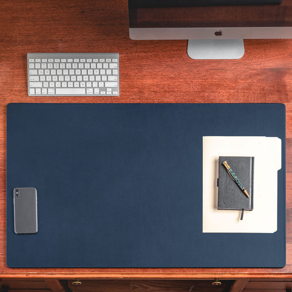 Dacasso Navy Blue Leather Desk Pad W/out Rails 34" X 20"