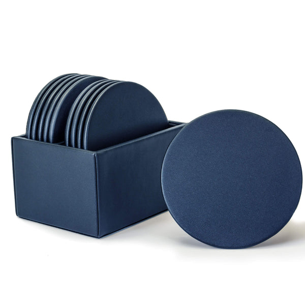 Dacasso Navy Blue Leatherette 10 Round Coaster Set W/ Holder