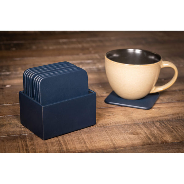 Dacasso Navy Blue Leatherette 10 Square Coaster Set W/ Holder