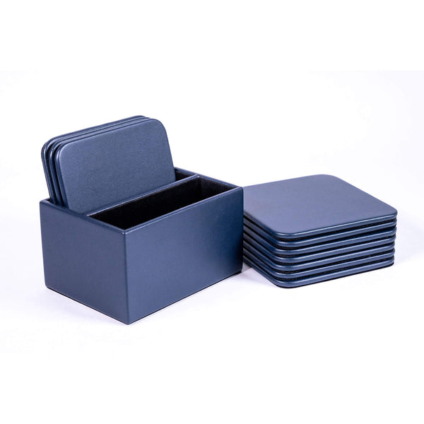 Dacasso Navy Blue Leatherette 10 Square Coaster Set W/ Holder