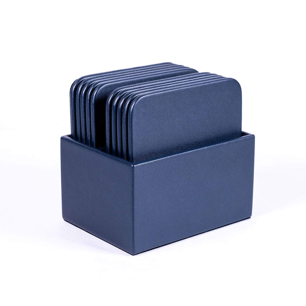 dacasso Navy Blue Leatherette 10 Square Coaster Set w/ Holder