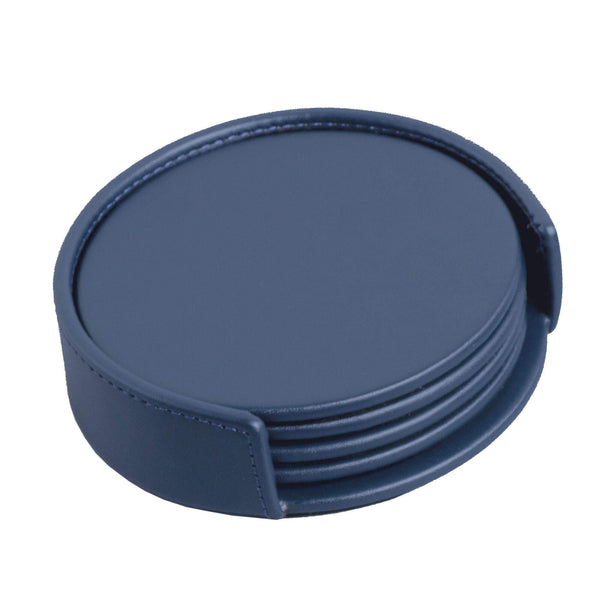 dacasso Navy Blue Leatherette 4 Round Coaster Set w/ Holder