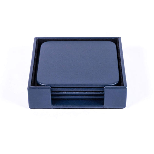 Dacasso Navy Blue Leatherette 4 Square Coaster Set W/ Holder